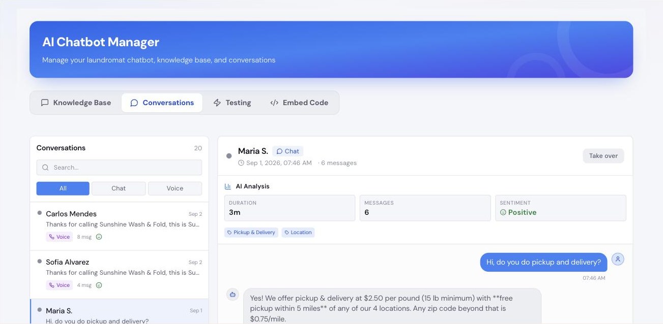 Conversation view in the client portal with AI analysis, topic tags and the full chat transcript