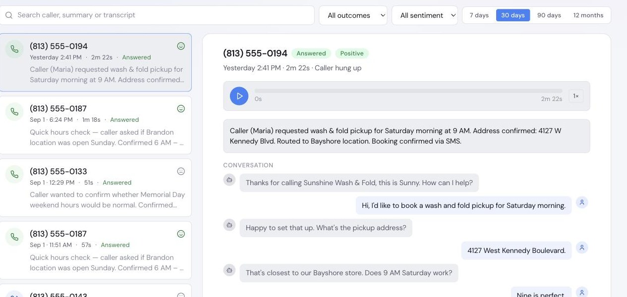 Voice agent call log in the client portal, showing each call with its outcome, a written summary and the full transcript